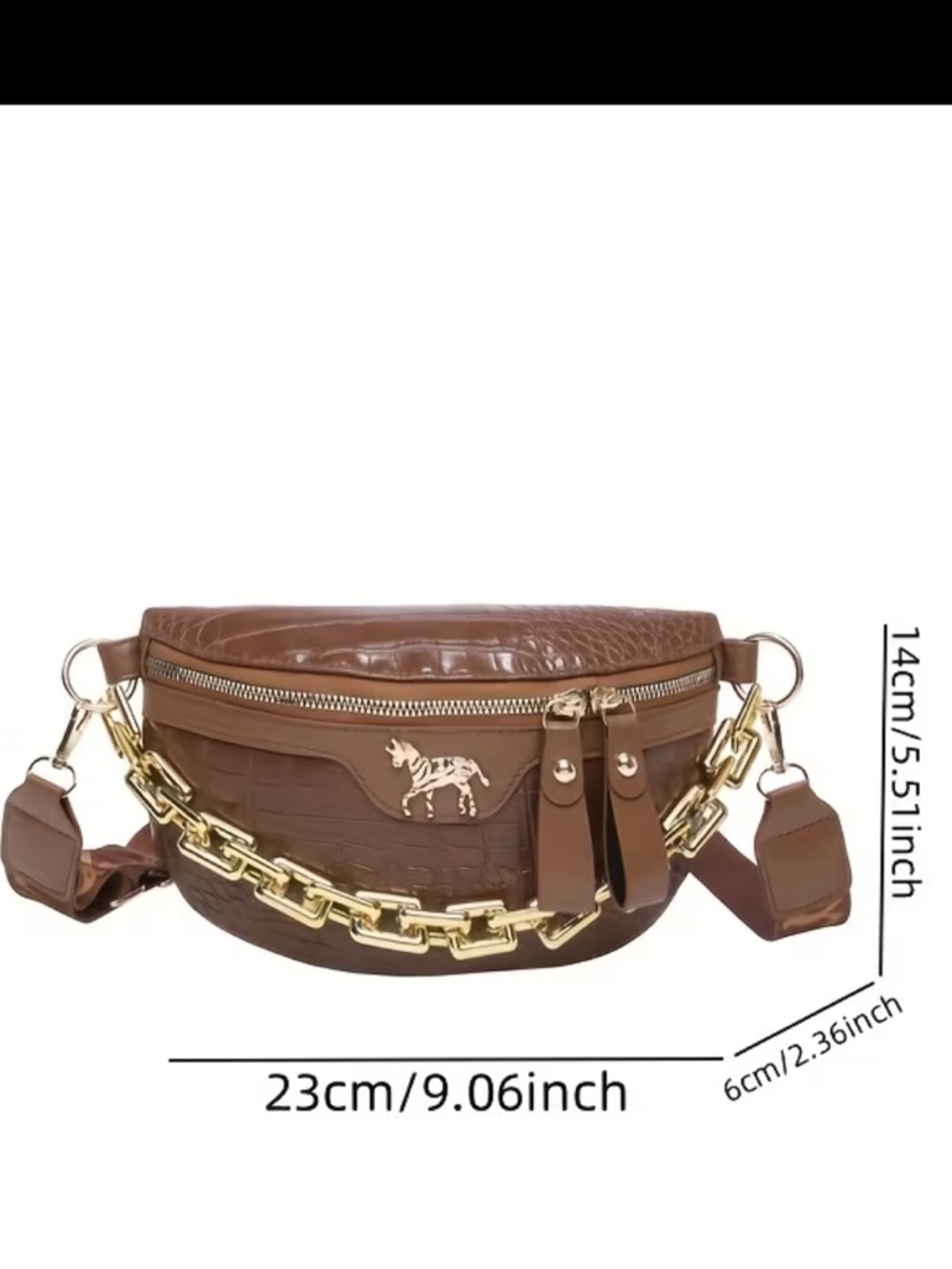 Brown Croc-Texture Saddle Bag with Gold Chain Accent - Picture 2 of 7